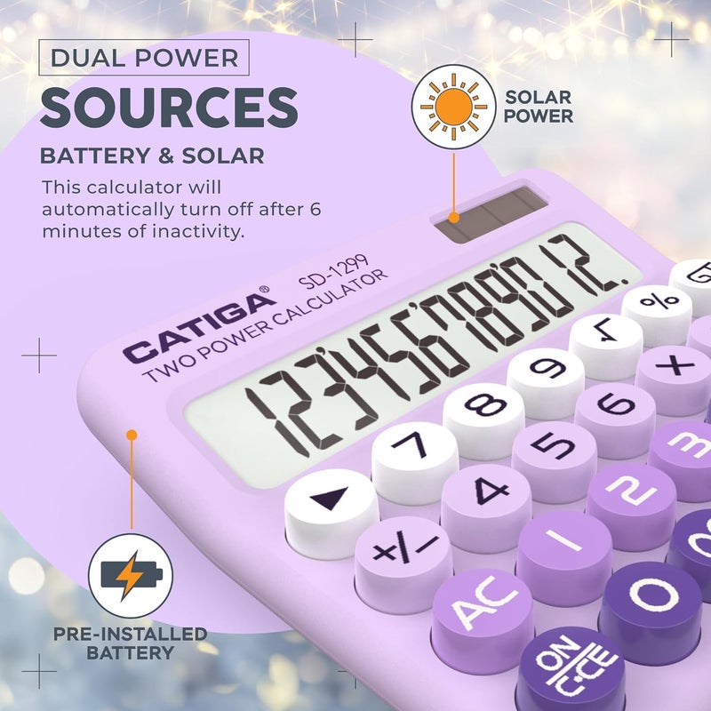 CATIGA Mechanical Switch Calculator with Solar and Battery Dual Power, 12-Digit Large LCD Display, Aesthetic and Cute Desktop Calculator with Big Button, for Home, School and Office Use, SD-1299 - Image 5